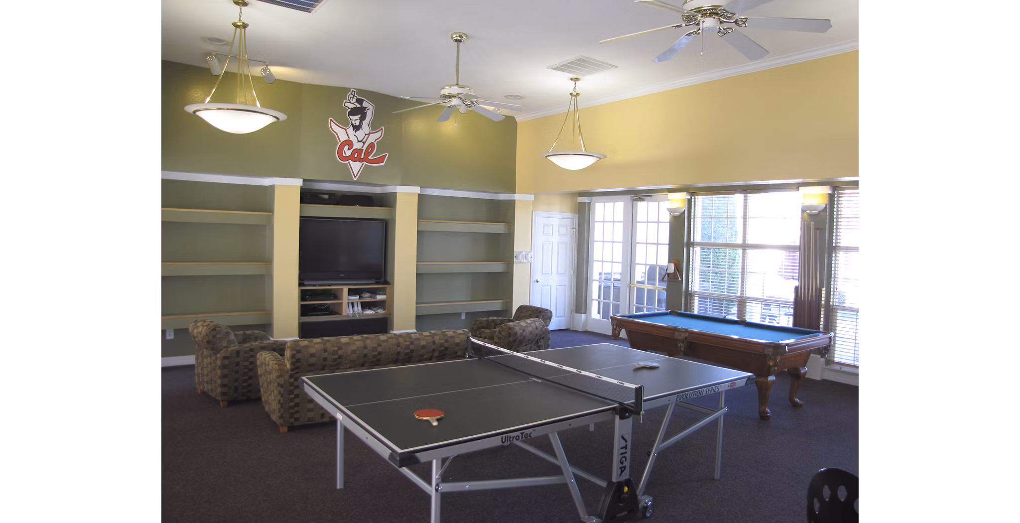 Expansive clubhouse with modern decor at Vulcan Village Luxury Apartments