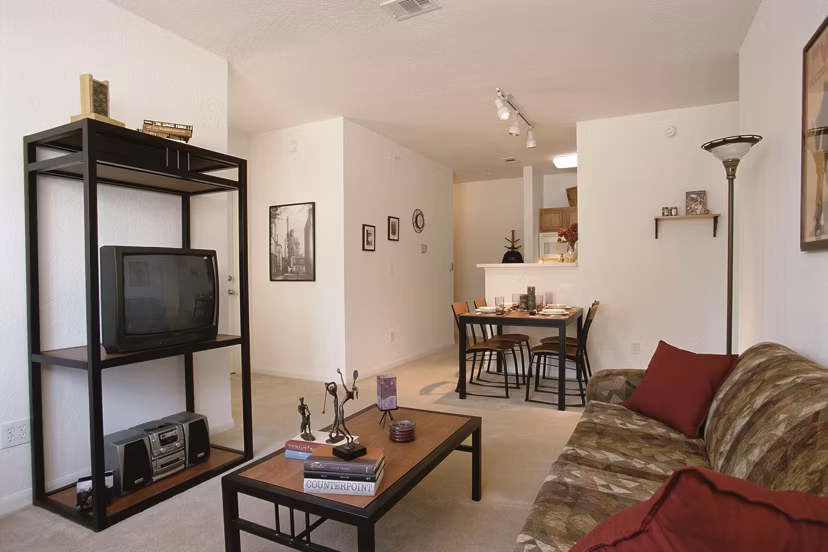 Contemporary living room with modern design in Vulcan Village apartments