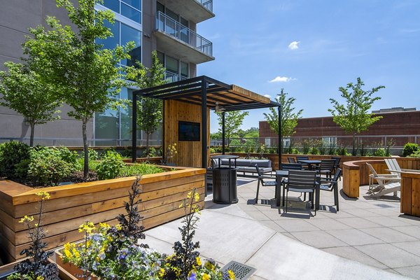 Cozy patio with seating area and skyline view at Piedmont House Apartments, a Greystar luxury living community