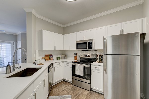 Modern kitchen featuring stainless steel appliances at Eleven11 Lexington at Flower Mound Apartments