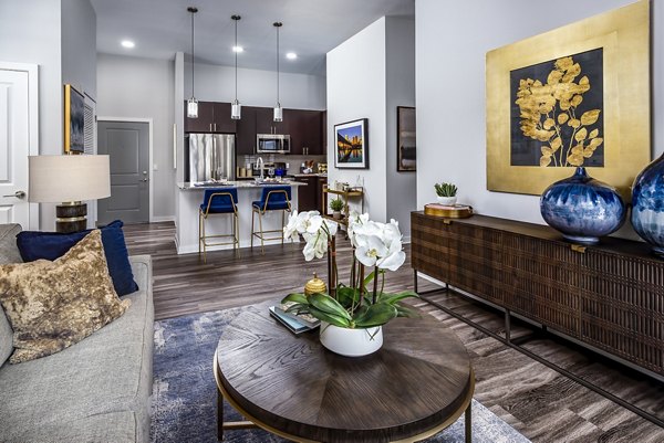 Contemporary living room with elegant decor at Everleigh Short Pump Apartments