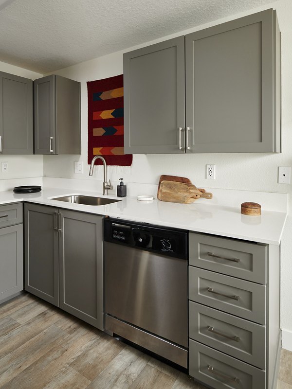 Modern kitchen with stainless steel appliances and granite countertops in Cedar House Apartments