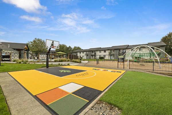 Sport court at Cedar House Apartments featuring basketball hoop and court markings