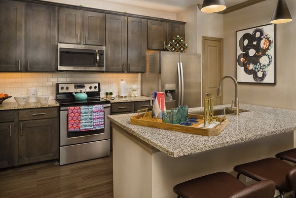 Modern kitchen with stainless steel appliances at Sapphire Bay Apartments