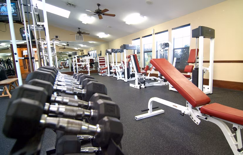 State-of-the-art fitness center at Reveille Ranch Apartments with modern equipment and spacious workout areas