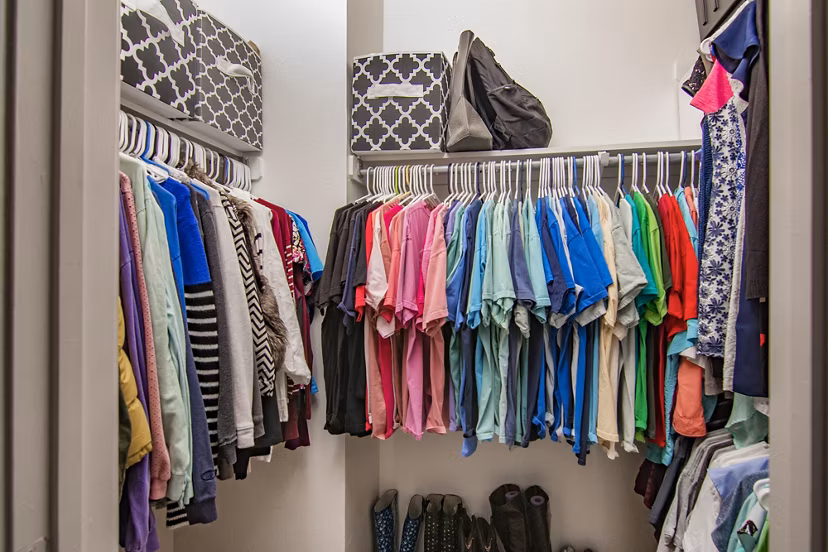 Walk-in closet with custom shelving in a bedroom at The Ridge Apartments