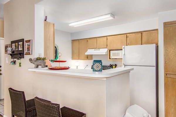 Modern kitchen with stainless steel appliances and granite countertops in The Ridge Apartments