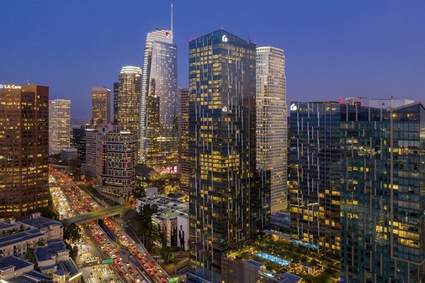 Thea at Metropolis: City view from luxury rooftop deck at high-rise apartments in downtown Los Angeles