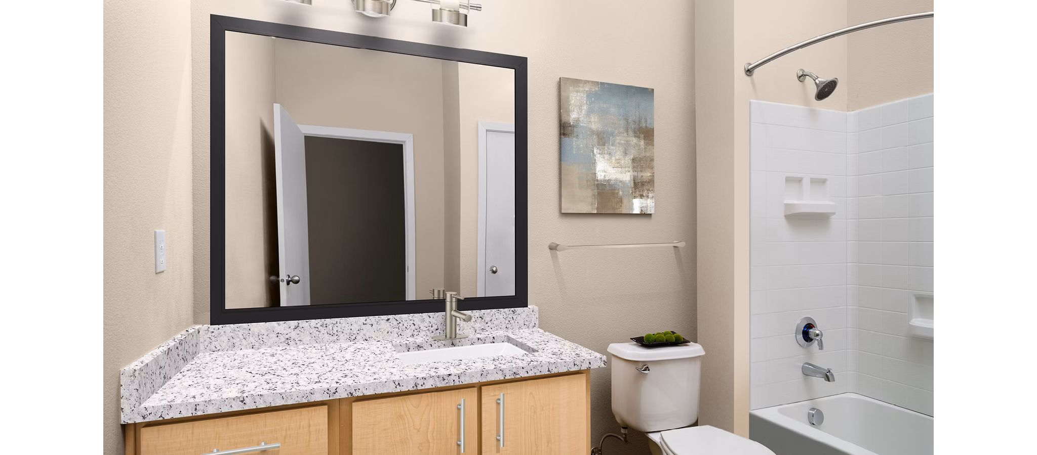 Modern bathroom with sleek fixtures at Nexus at Orenco Station Apartments, highlighting luxury living near  training facilities