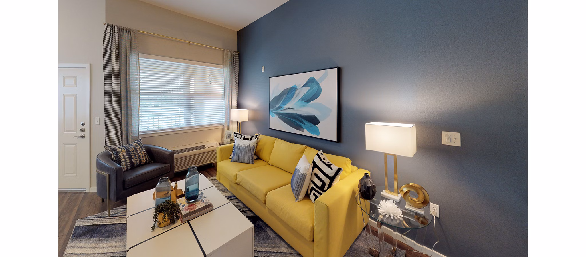 Contemporary living room with modern decor at Nexus at Orenco Station Apartments