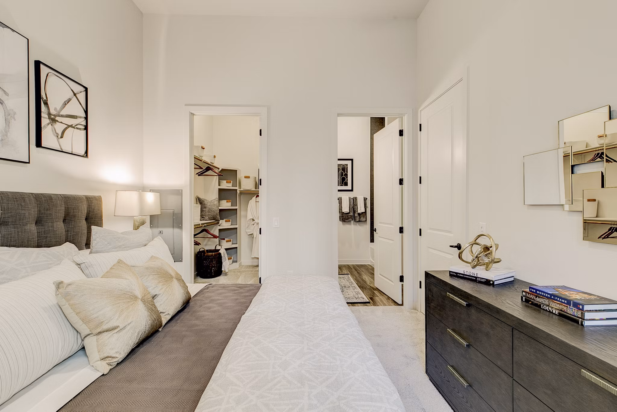Stylish bedroom with contemporary decor in Addison Grove Apartments