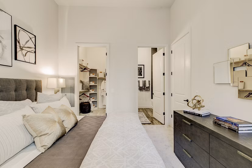 Stylish bedroom with contemporary decor in Addison Grove Apartments