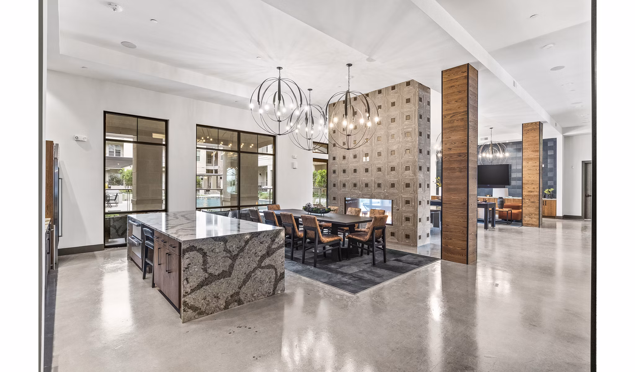Clubhouse lobby with stylish seating and modern decor in Elan Addison Grove Apartments