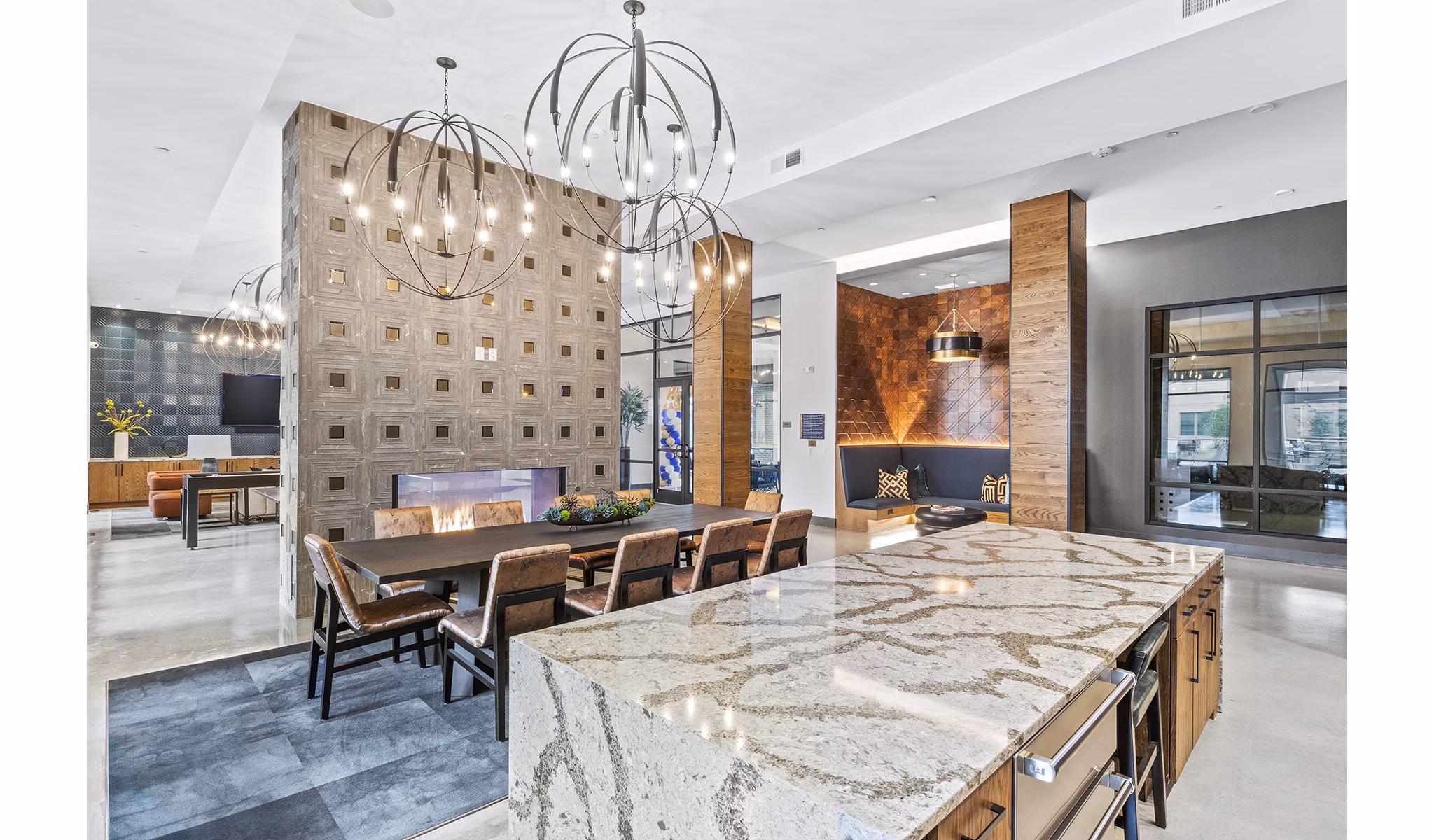 Modern clubhouse and lobby with elegant seating in Elan Addison Grove Apartments, perfect for social gatherings and relaxation