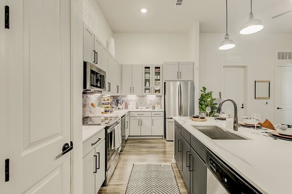 Modern kitchen with stainless steel appliances and granite countertops at Addison Grove apartments