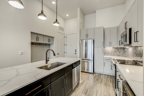 Modern kitchen with stainless steel appliances in Elan Addison Grove Apartments