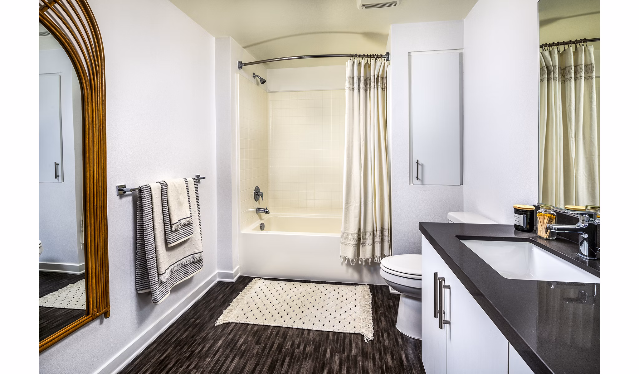 Modern bathroom with sleek fixtures at Be DTLA Apartments, offering luxury living in downtown Los Angeles