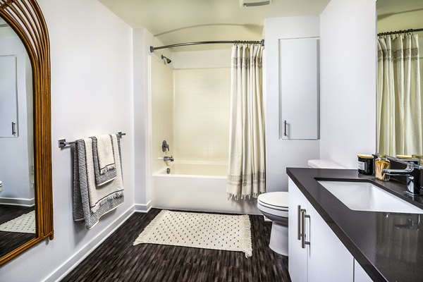 Modern bathroom with sleek fixtures at Be DTLA Apartments, offering luxury living in downtown Los Angeles