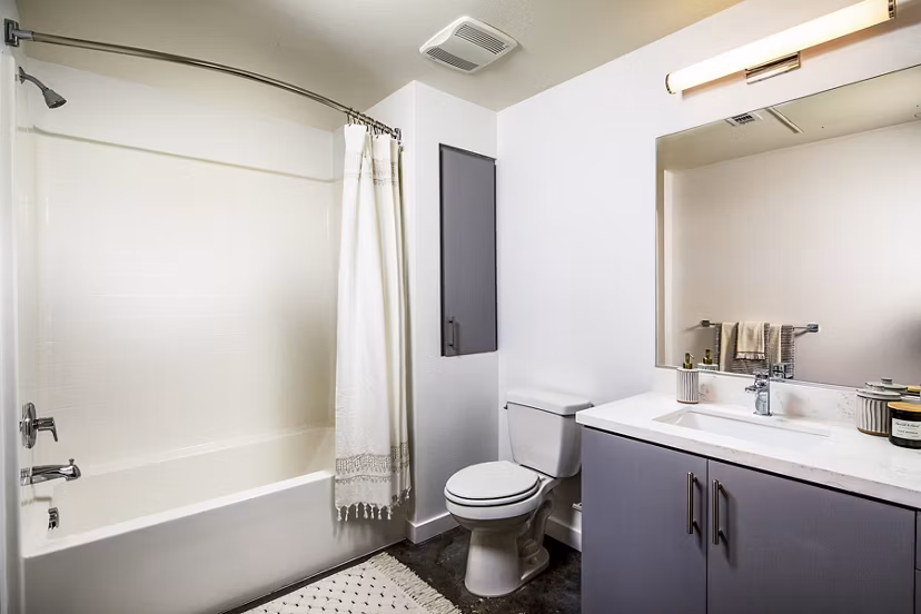 Modern bathroom with sleek fixtures at Be DTLA Apartments, offering luxury living in downtown Los Angeles