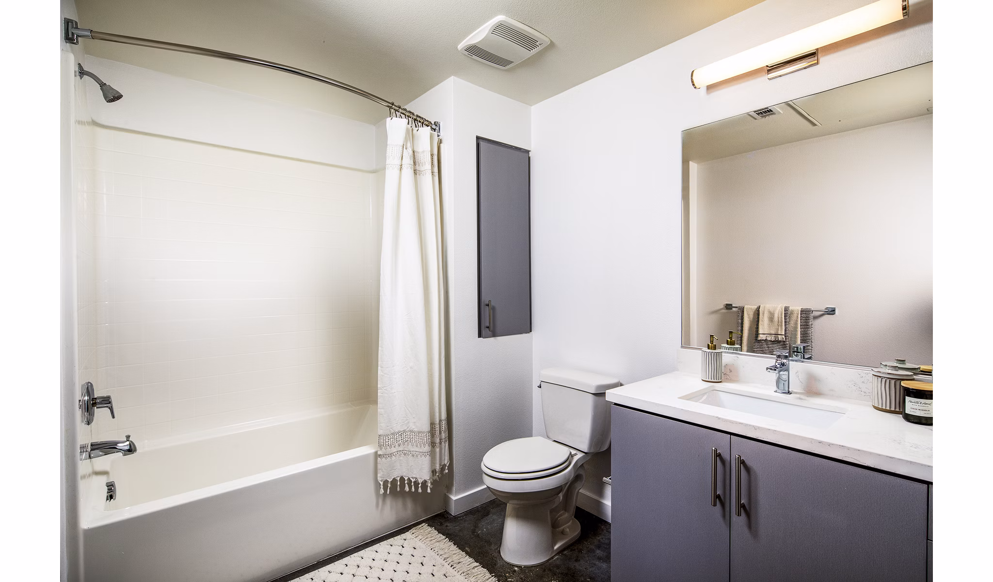 Modern bathroom with sleek fixtures at Be DTLA Apartments, offering luxury living in downtown Los Angeles