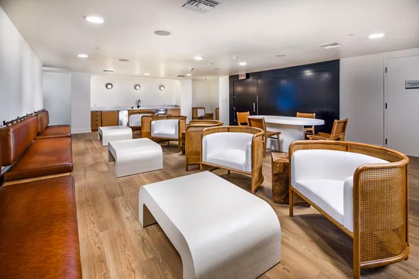 Elegant speakeasy-style clubhouse interior at Be DTLA Apartments offering luxury event space