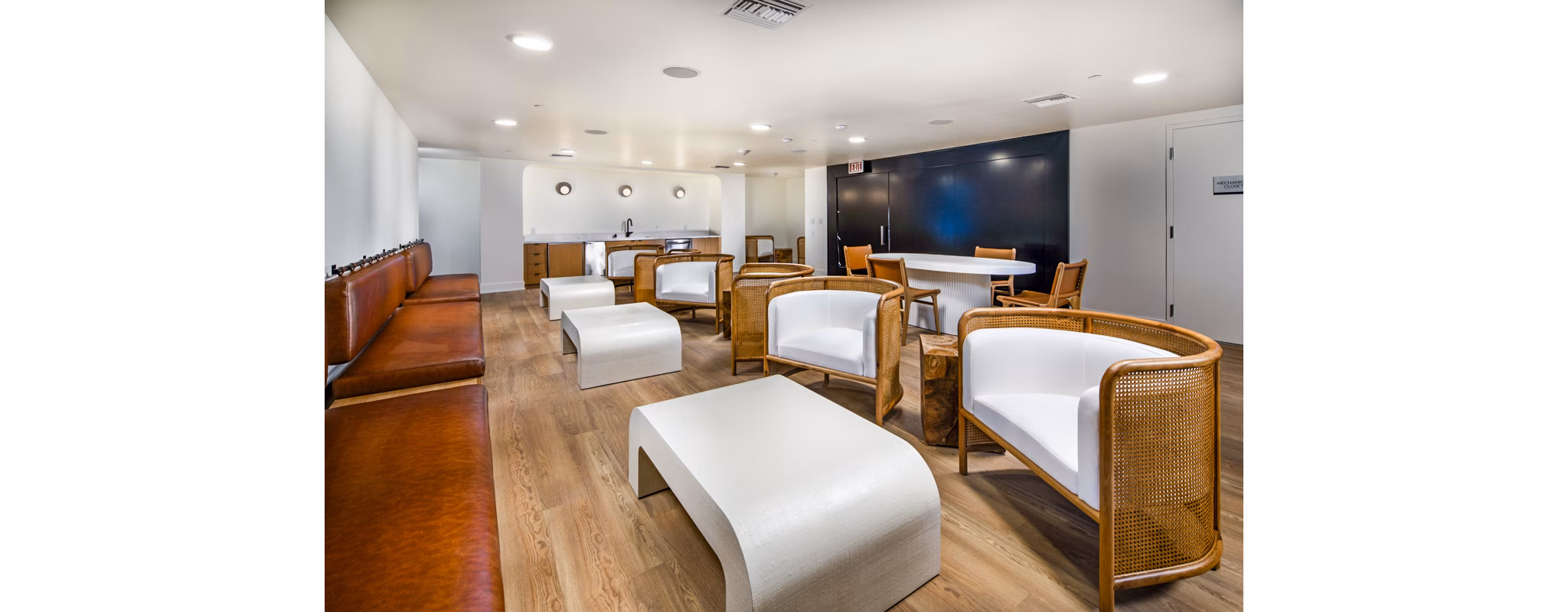 Elegant speakeasy-style clubhouse interior at Be DTLA Apartments offering luxury event space