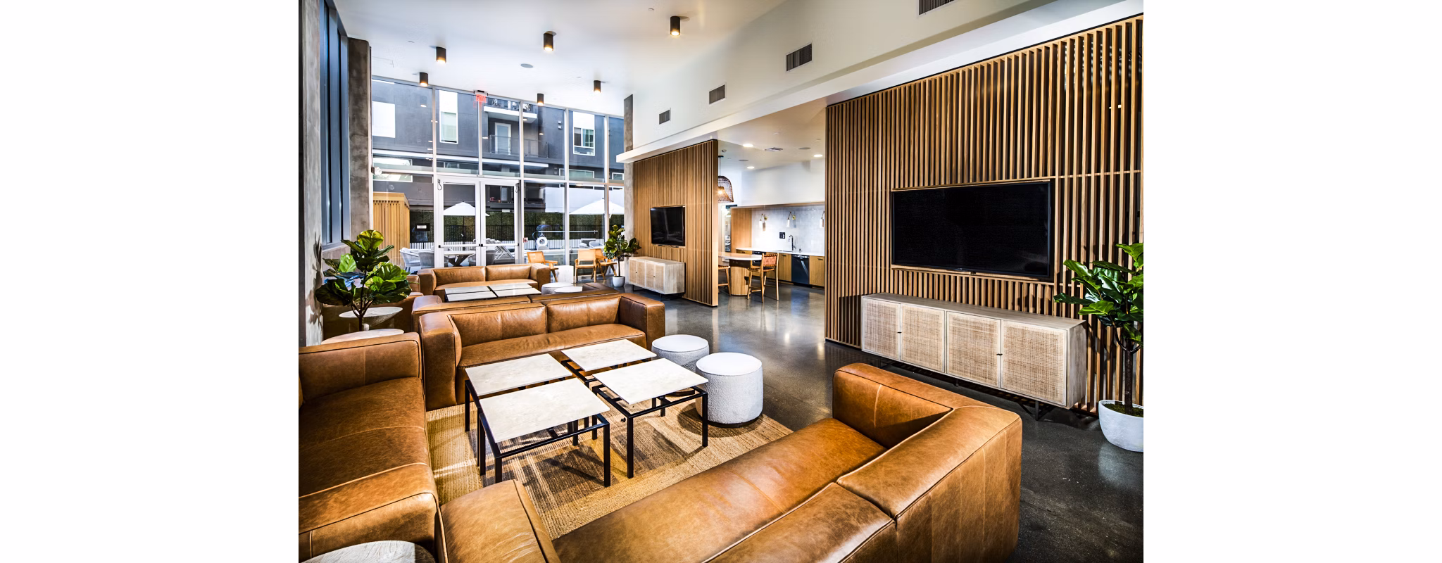 Clubhouse lobby featuring modern design elements at Be DTLA Apartments in Los Angeles