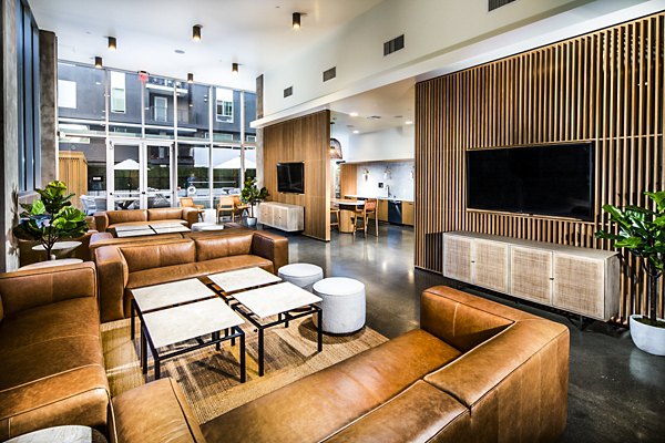 Clubhouse lobby featuring modern design elements at Be DTLA Apartments in Los Angeles