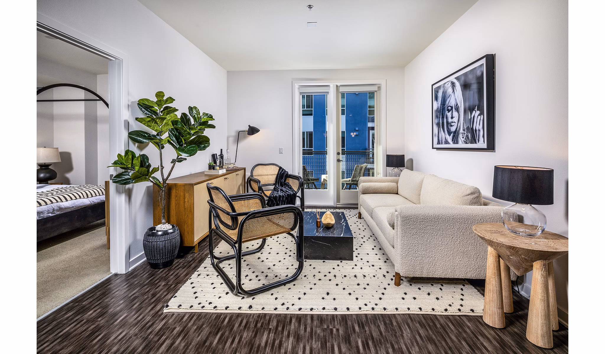 Contemporary living room with stylish decor at Be DTLA Apartments, featuring spacious layout and modern lighting in Los Angeles luxury apartments