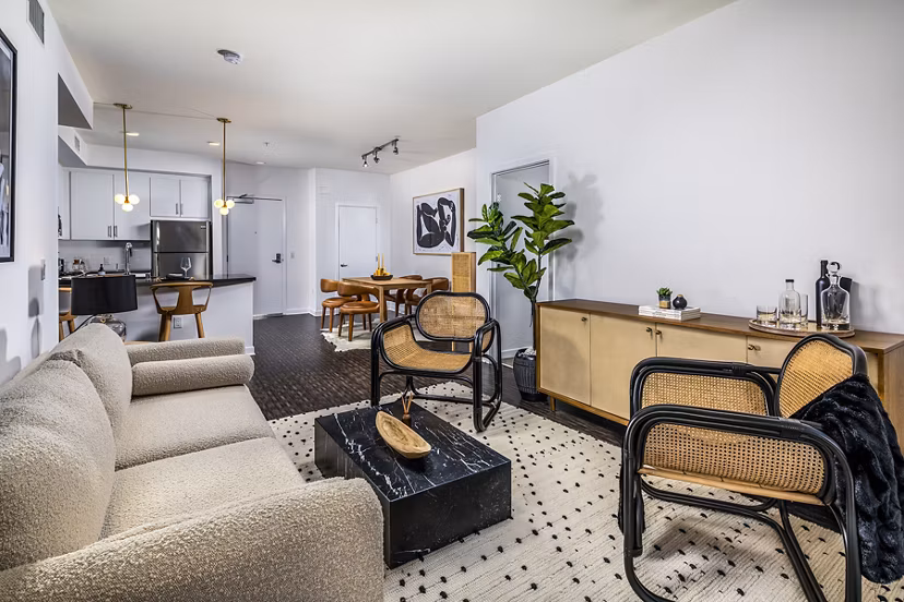 Modern living room with sleek decor in Be DTLA Apartments, offering luxurious comfort and style in downtown Los Angeles