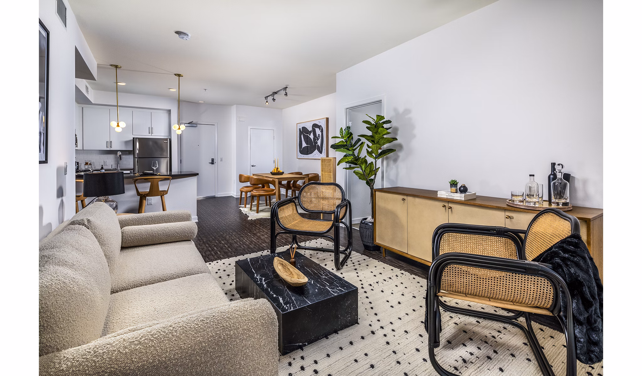 Modern living room with sleek decor in Be DTLA Apartments, offering luxurious comfort and style in downtown Los Angeles
