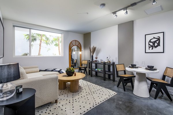Stylish living room with modern decor at Be DTLA Apartments