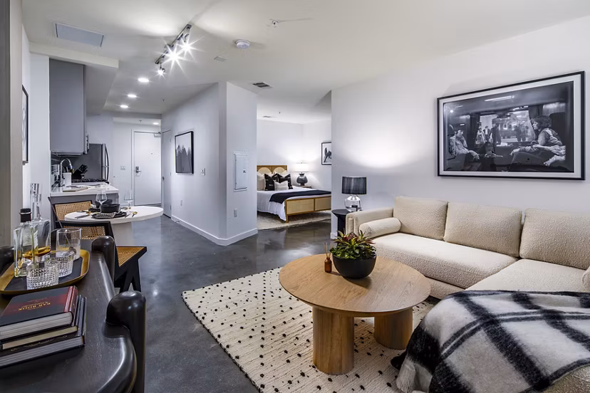 Spacious living room with modern decor at Be DTLA Apartments, luxury apartment homes in the heart of Los Angeles