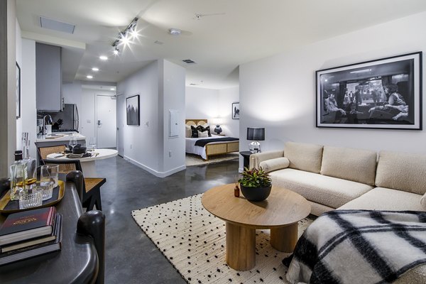 Spacious living room with modern decor at Be DTLA Apartments, luxury apartment homes in the heart of Los Angeles