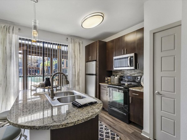 Modern kitchen with stainless steel appliances and granite countertops in The Avery on Southwestern Apartments