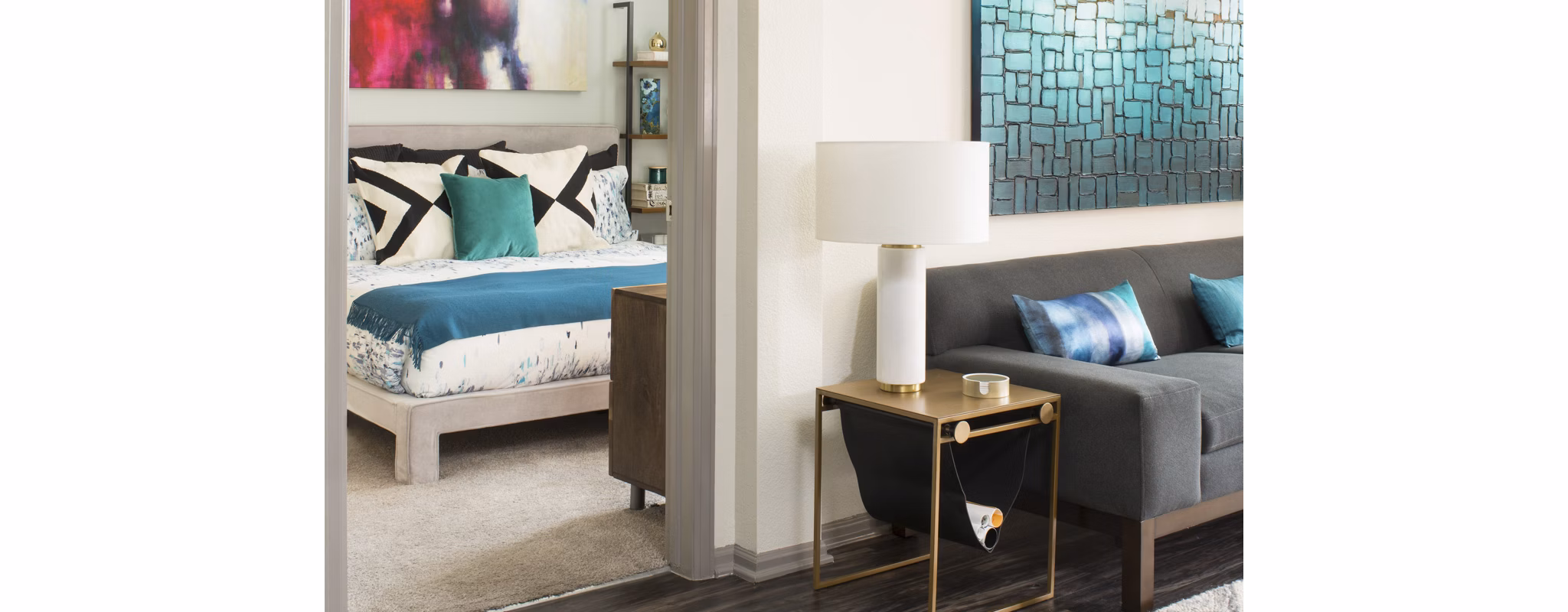Spacious living room with modern decor at Griffis at Lowry Apartments