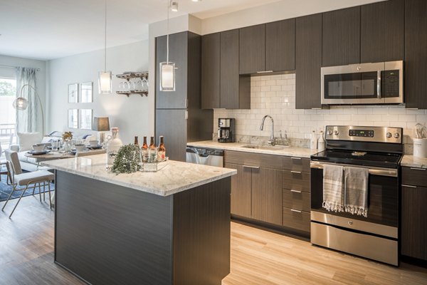 Modern kitchen featuring stainless steel appliances in Loren Apartments, Greystar's luxury housing option