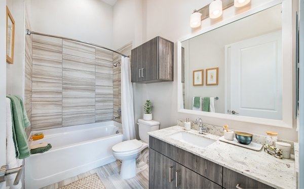 Modern bathroom featuring sleek fixtures in Overture Chapel Hill Apartments, a Greystar luxury community