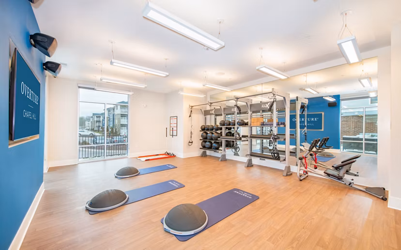 State-of-the-art fitness center with modern equipment at Overture Chapel Hill Apartments