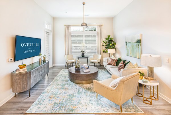 Modern living room with elegant decor in Overture Chapel Hill Apartments, showcasing luxury and comfort in a stylish setting