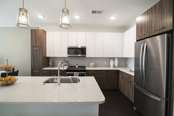 Contemporary kitchen with stainless steel appliances in Amorance Apartments, a luxury community by Greystar