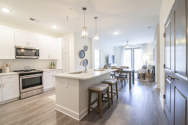 Kitchen with modern appliances and island at Amorance Apartments