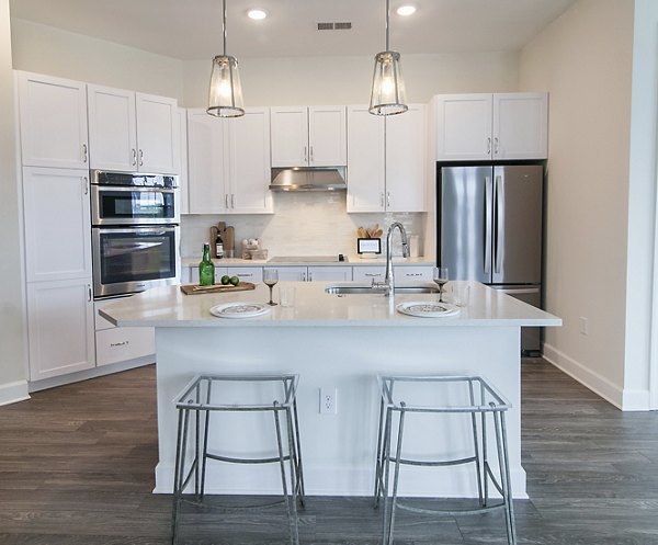 Modern kitchen with stainless steel appliances in Amorance Apartments