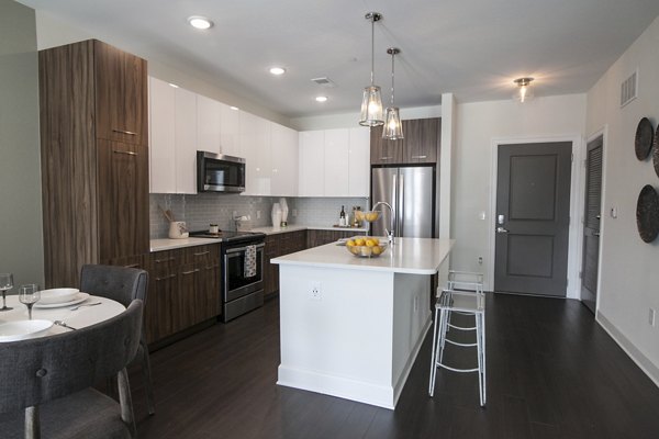 Modern kitchen with stainless steel appliances and granite countertops in Amorance Apartments