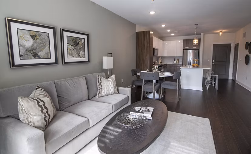 Cozy living room with modern furnishings at Amorance Apartments