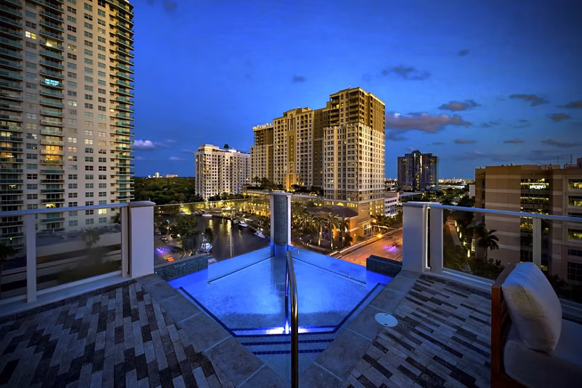 Rooftop pool with panoramic views at Alluvion Las Olas Apartments in Fort Lauderdale