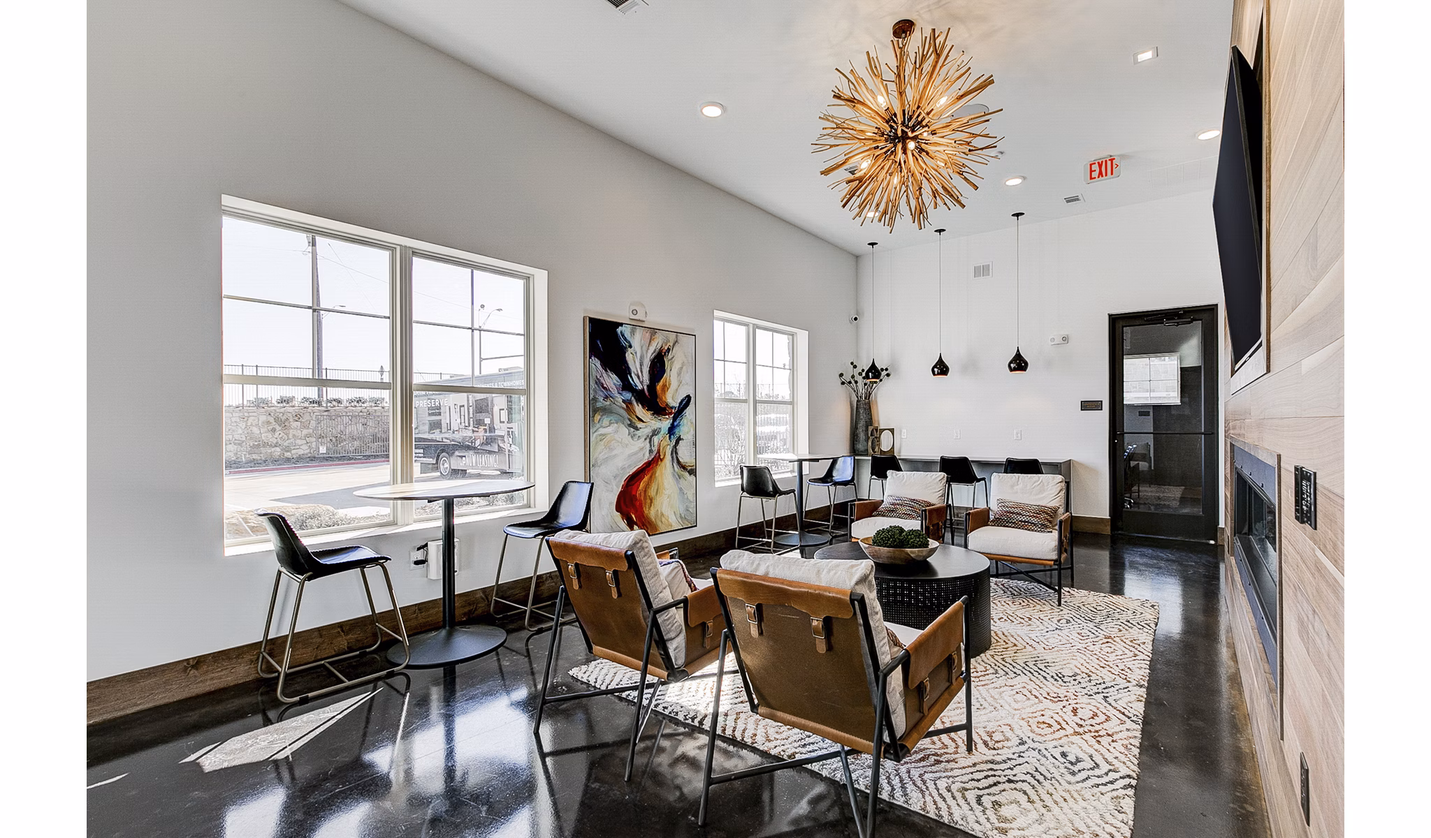Stylish clubhouse lobby with modern decor at The Preserve luxury apartments