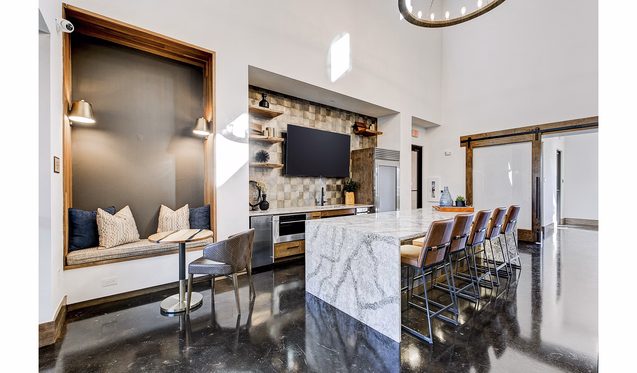 Clubhouse lobby featuring stylish seating and modern decor at The Preserve luxury apartments