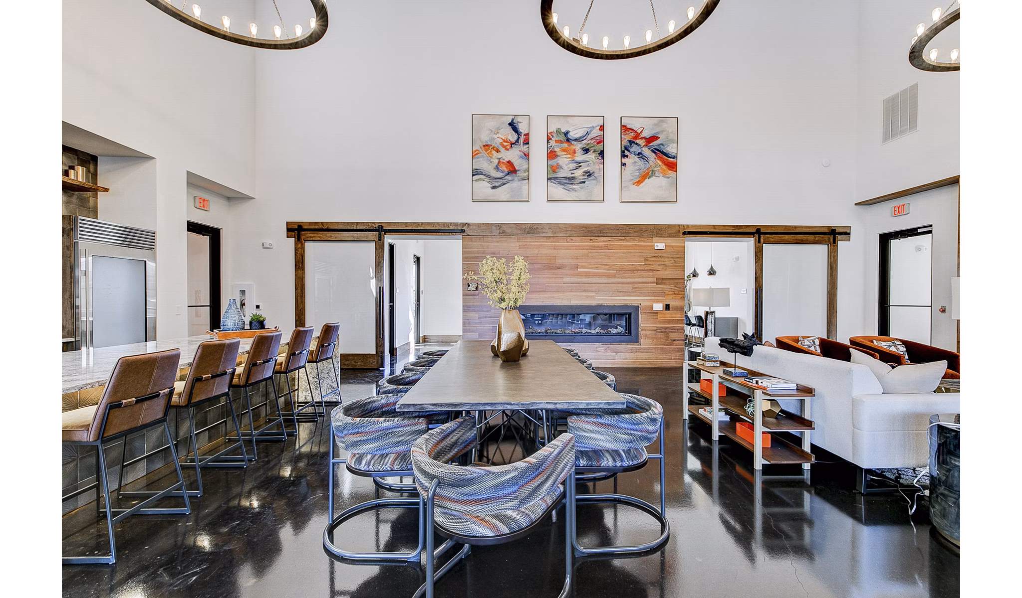 Luxe clubhouse lobby with elegant seating and lighting at The Preserve apartments