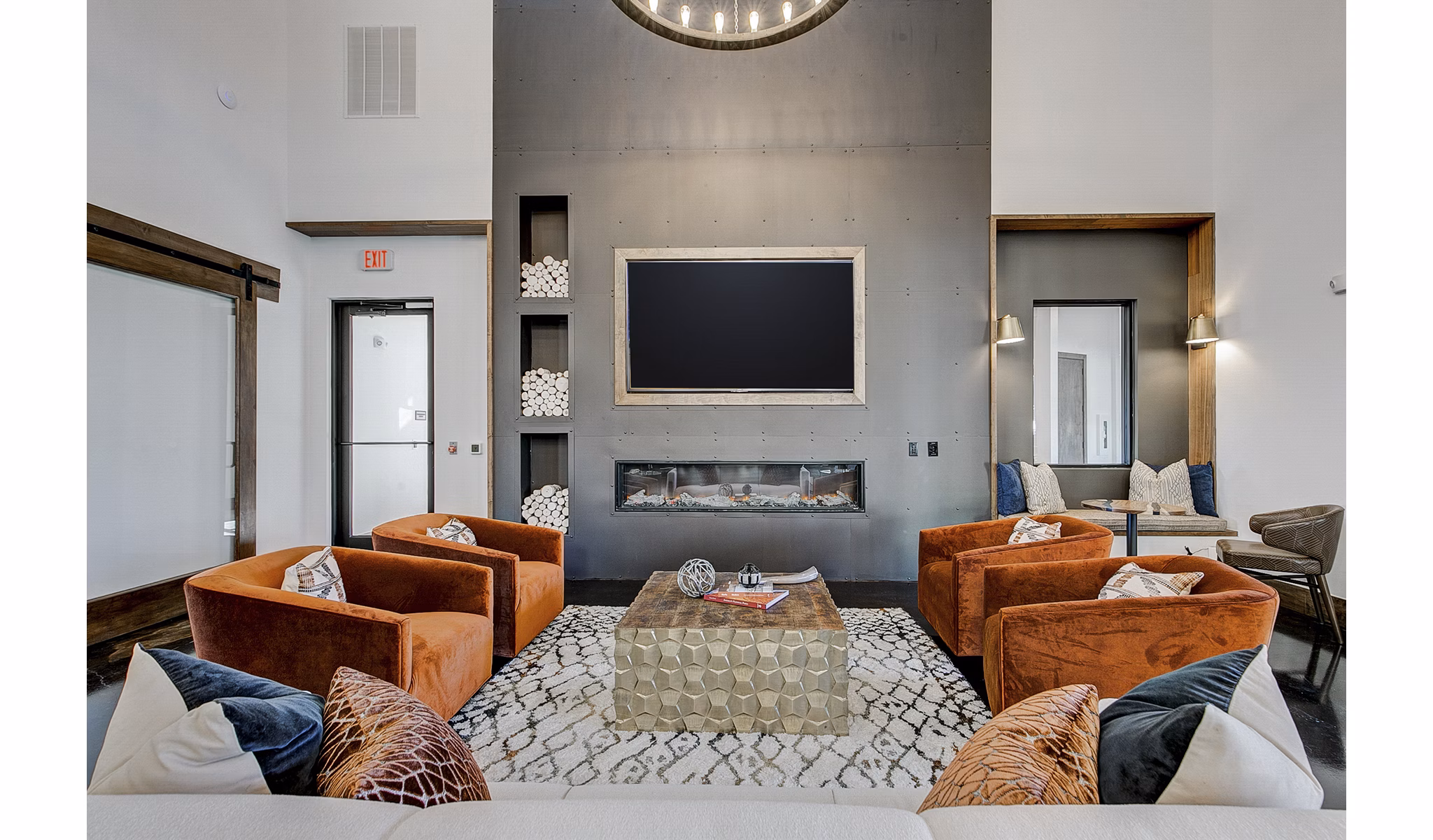 Clubhouse lobby showcasing modern design and elegant seating at The Preserve, luxury apartments by Greystar